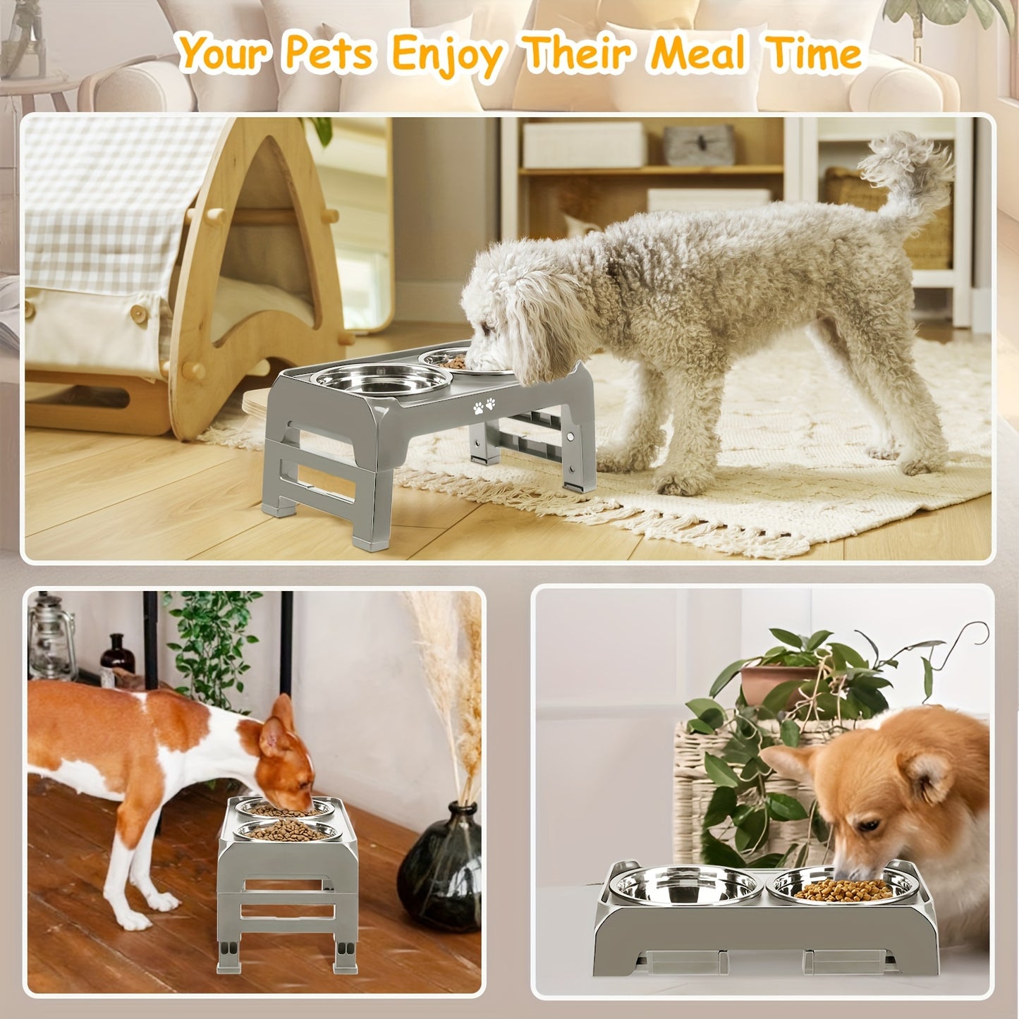 Dog Bowl Holder 3 Height Adjustable Dog Bowl Holder with 2 Stainless Steel Dog Food Bowls Non-slip Dog Feeder, Suitable for Small and Medium Dogs Light Brown Gray